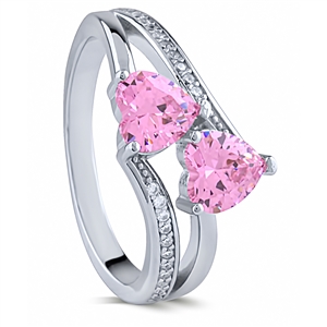 Silver Double Heart Ring with Pink and White CZ Stones