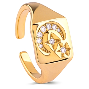 Silver Moon Star Signet Adjustable Ring with White CZ Stones and Yellow Gold Plating