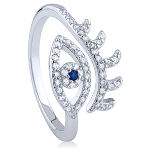 Silver Adjustable Evil Eye Ring with White and Blue CZ Stone