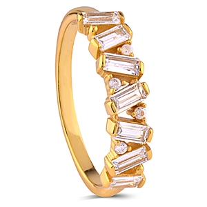 Sterling Silver Ring with Baguette and Round CZ Stones and Yellow Gold Plating