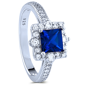 Sterling Silver Ring with Square Blue Center CZ and White CZ Sides