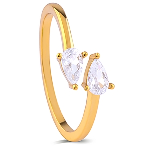 Adjustable Size Yellow Gold Plated Sterling Silver Ring with Double Pear Shaped Cubic Zirconia
