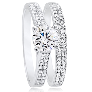 Silver Wedding Band Engagement Ring Set with Micro set CZ