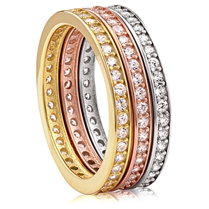 Silver Tri-Color Stackable Eternity Band Ring Set with CZ