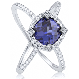 Silver Ring with Blue CZ Checkerboard Cut And White CZ