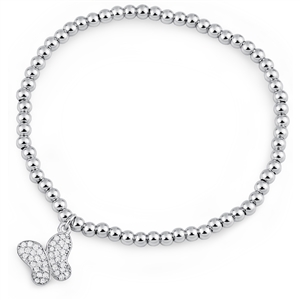 Silver Stretchy Beaded Bracelet with Butterfly Charm and CZ