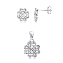Silver Earring And Pendant Four Leaf Clover Set with CZ