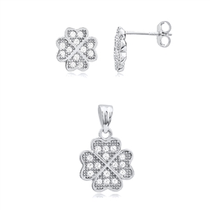 Silver Earring And Pendant Four Leaf Clover Set with CZ