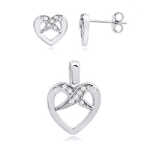 Silver Earring And Pendant Heart Set with CZ