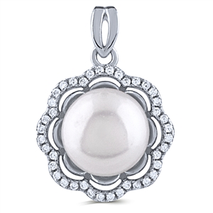 Silver Fresh Water Pearl Pendant with White CZ Stones