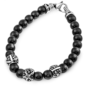 Stainless Steel And Black Onyx Bracelet With Lobster Clasp Skull