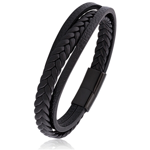 Stainless Steel Black Leather Bangle with Steel Secure Magnetic Sliding Clasp Lock