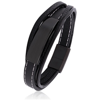 Stainless Steel Black Leather Bracelet with Black High Polish Plate and Steel Secure Magnetic Sliding Clasp Lock