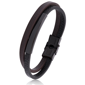 Black and Brown Leather Bracelet with Stainless Steel High Polish Plate and Secure Clasp Lock