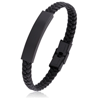 Black Braided Leather Bracelet with Stainless Steel Plate and Secure Clasp Lock