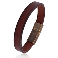 Brown Leather Bracelet with Stainless Steel Secure Magnetic Sliding Clasp Lock