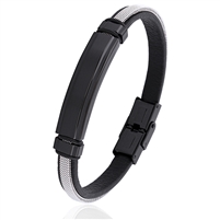 Stainless Steel and Black Leather Bracelet with Engraving Plate, Steel Mesh and Secure Clasp Lock