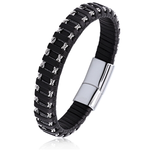 Stainless Steel Black Leather Bracelet with Stainless Steel Secure Magnetic Sliding Clasp Lock