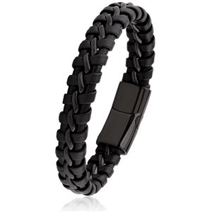 Stainless Steel Bracelet with Braided Faux Leather and Magnetic Clasp