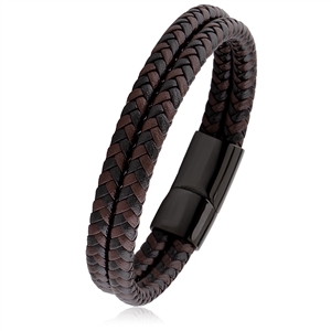 Stainless Steel Bracelet with Double Row Black and Brown Braided Faux Leather and Magnetic Clasp