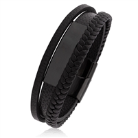 Stainless Steel Black Leather Bracelet with Engravable Plate and Secure Magnetic Sliding Clasp Lock