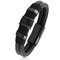 Stainless Steel Bracelet with Black Braided Faux Leather