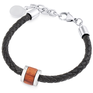 Stainless Steel Black Leather Bracelet With Wood
