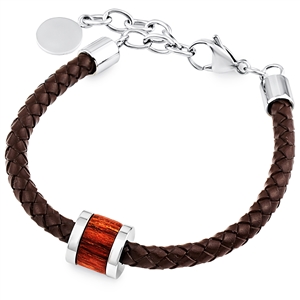 Stainless Steel Brown Leather Bracelet With Wood