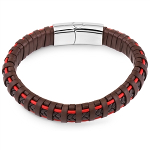 Stainless Steel Brown Red Braided Leather Bangle