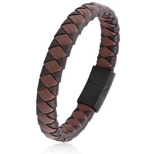 Stainless Steel Brown-Black Braided Leather Bracelet with Black Magnetic Clasp
