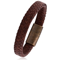 Stainless Steel Brown Braided Leather Bracelet With Magnetic Brown Buckle
