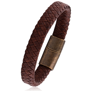 Stainless Steel Brown Braided Leather Bracelet With Magnetic Brown Buckle