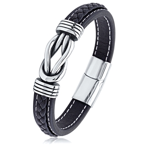 Stainless Steel Black Leather Braided Bracelet With Magnetic Clasp