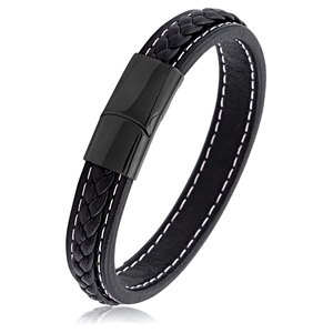 Stainless Steel Black Braided Leather Bracelet With Magnetic Steel Clasp