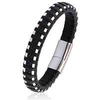 Stainless Steel Black and White Leather Bracelet with Stainless Steel Secure Magnetic Sliding Clasp Lock