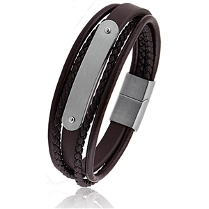 Stainless Steel Engravable Braided Leather  Multi-Cord Bracelet with Magnetic Clasp