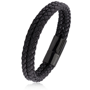 Stainless Steel Double Row Black Braided Leather Bracelet with Magnetic Clasp