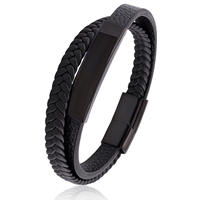 Stainless Steel Black Leather Bracelet With Black Engraving Plate and Steel Secure Magnetic Sliding Clasp Lock