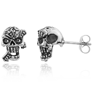 Stainless Steel Studs With Black CZ - Skull With Cross