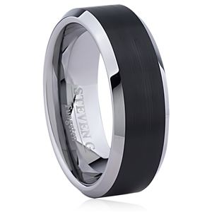 Tungsten Ring-8mm wide- Comfort Fit. Polished Shiny And Brushed With IP Black Plated