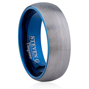 Tungsten Ring-8mm wide- Comfort Fit. Brushed Outside and Without Plated, Inside Polished With IP Blue Plated