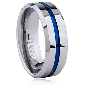 Tungsten Ring-8mm wide- Comfort Fit. Polished Shiny, Center Groove With IP Blue Plated