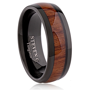 Tungsten Ring-8mm wide- Comfort Fit. Polished Shiny With IP Black Plated And Wood Inlay