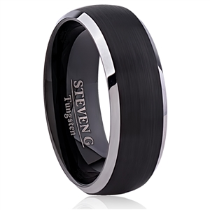 Tungsten Ring-8mm wide- Comfort Fit. Polished Shiny And Brushed With IP Black Plated