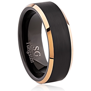 Tungsten Ring 8mm wide -  Brushed Black Center, Polished Inside and IP Rose Gold Plated Beveled Sides