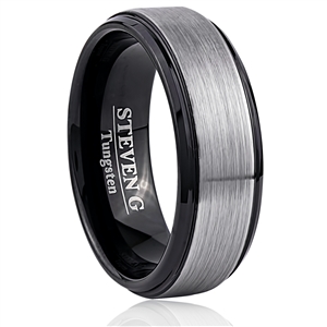 Tungsten Ring-8mm wide- Comfort Fit. Beveled With IP Black Plated, Brushed Surface