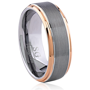 Tungsten Ring-8mm wide- Comfort Fit. Polished Shiny And Brushed With IP Rose Gold Plated