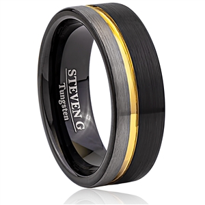 Tungsten Men's Wedding Band 8mm Wide with Brush Finish and Black and Yellow Gold Plating