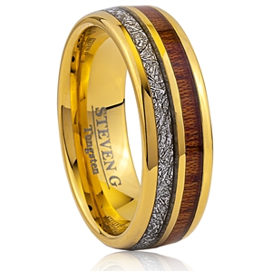 Tungsten Ring- 8mm Wide- Gold Plated with Koa Wood and Man-Made Meteorite Inlay