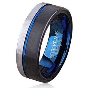 Tungsten Men's Wedding Band 8mm with Brush Finish and Black and Blue Plating